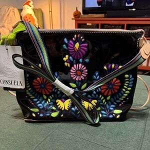 Consuela Black Crossbody Bag with Colorful Embroidery